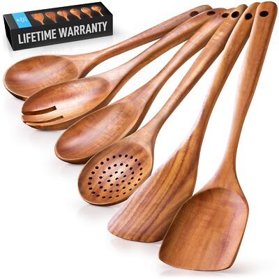 Zulay Kitchen 6-Piece Wooden Spoons for Cooking - Smooth Finish Teak Wooden U...