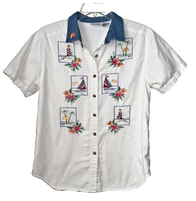 Bobbie Brooks Shirt Women's Large White Nautical Embroidered Short Sleeve Top