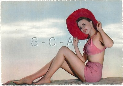 Original 1950s-60s Italian Risque Pinup PC- Pink Bikini- Legs- Red