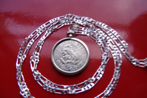 MEXICAN SILVER Eagle & Snake Coin Pendant 28" 925 Sterling Silver Chain & Bezel - Picture 5 of 9