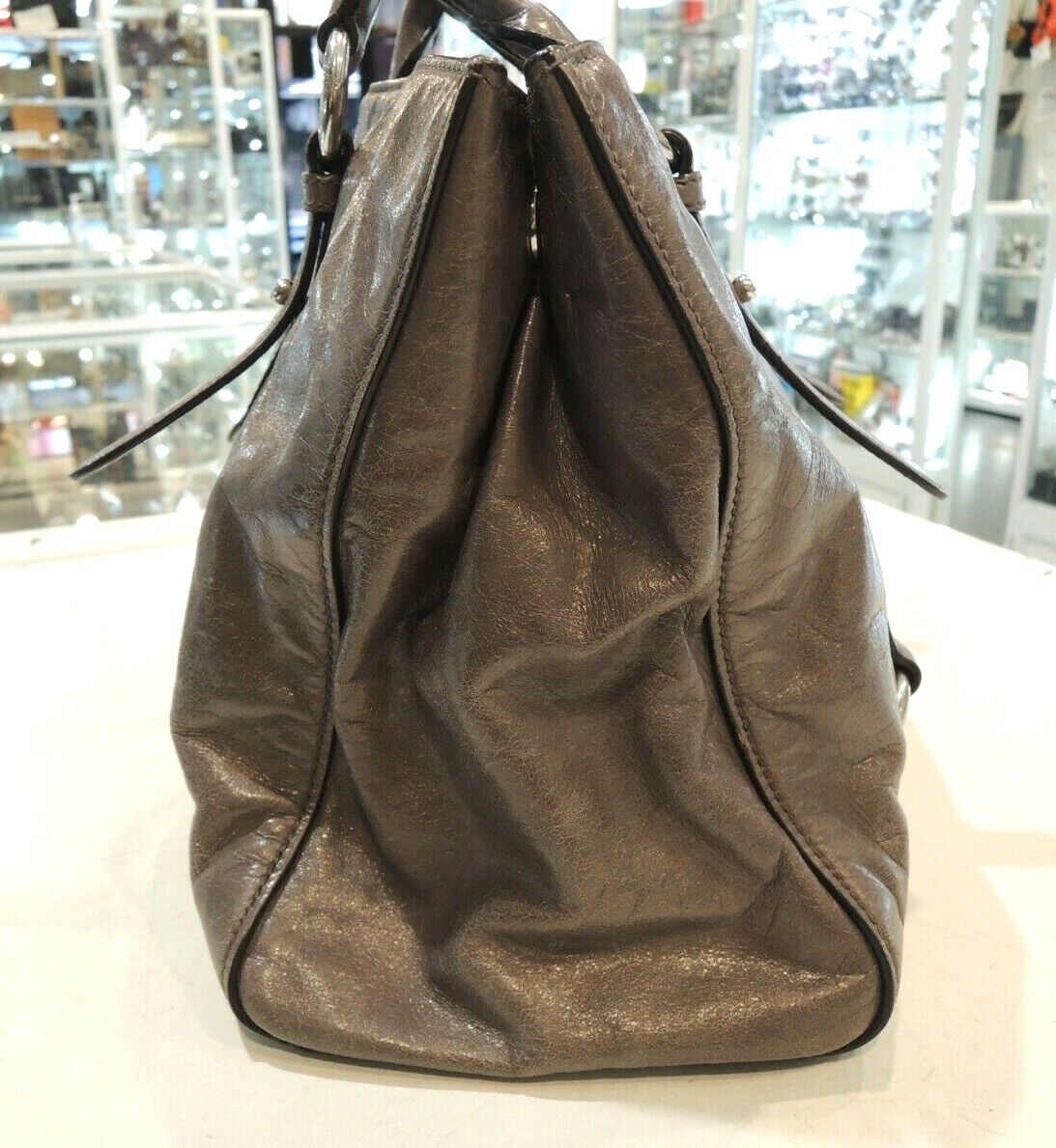 Miu Miu Nocciolo Vitello Shine Leather Shopper Tote Bag in Grey