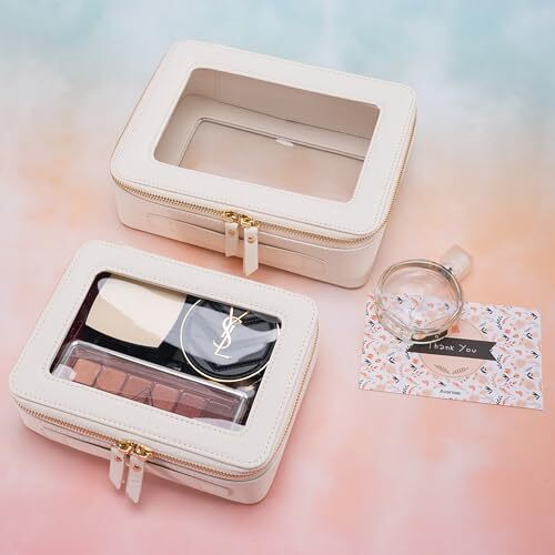 Clear Makeup Bag, Travel Cosmetic Case Toiletry Bag, Off-White Medium Classic - Picture 6 of 6