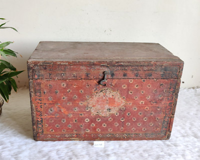 19c Antique Primitive Handmade Flower Painted Treasure Chest Wooden Box WN349