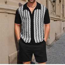 Men Summer Outfit 2-Piece Set Short Sleeve Shirt and Shorts Knitted Set
