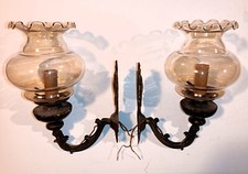 Coppia Applique Lampade da parete  Ottone Legno Vetro Vintage