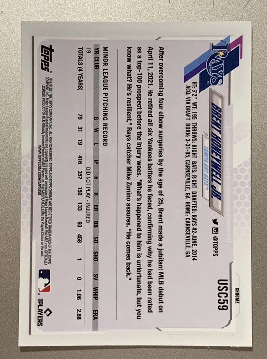 2021 Topps Chrome Update Pink Wave Refractor #USC59 Brent Honeywell Jr. RC Rays - Image 2 of 2