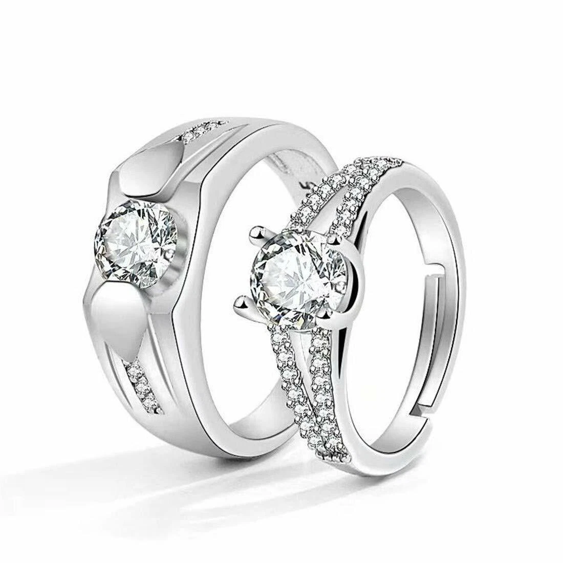 Amazon.com: Sterling Silver Matching Couples Rings Set for Him and Her 18K  White Gold Plated Adjustable CZ Stones Rings for Wedding Engagement Promise  (Style A Silver 2Pcs) : Handmade Products