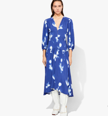 PROENZA SCHOULER ROSE IMPRINT LONG SLEEVE MIDI ICE/COBALT DRESS sz 6