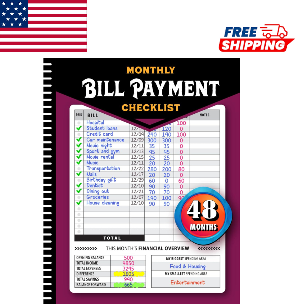 Monthly Bill Payment Checklist – 4-Year Bill Tracker Notebook with 960 Billing