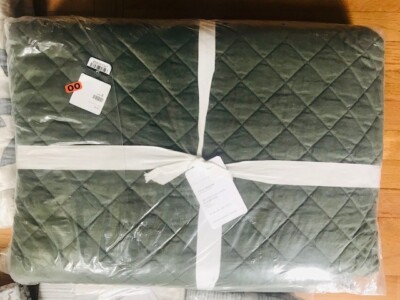 Pottery Barn Belgian Flax Quilt Cypress Green Queen 2 Standard Shams Diamond 3pc