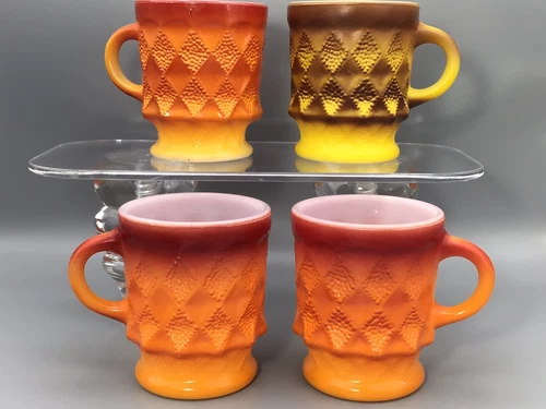 4 Kimberly coffee mugs FIRE king Vtg 60’s Diamond Hocking Orange Mcm