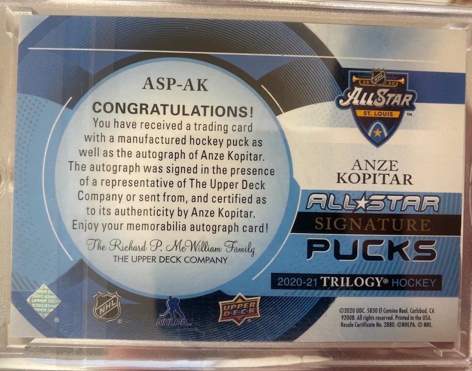 20-21 Upper Deck Trilogy: Anze Kopitar All-Star Signature Puck #’d /2! Blue Ink! - Image 2 of 2