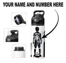 Personalised Football Water Bottle Custom Name Number Kids Stainless Steel Straw