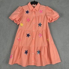 Peach Love California Dress Womens Small Puff Sleeve Sequin Star Tiered Pockets