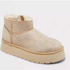 Platform Ankle Boots Rhinestone Embellished Side Zip Up Beige 8