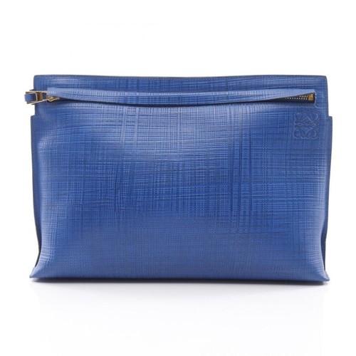 LOEWE T Pouch Linen Anagram Blue Leather Clutch Bag Gold Authentic