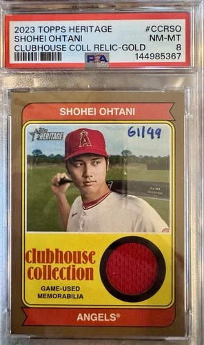 2023 Topps Heritage Shohei Ohtani Gold Clubhouse Relics #CCR-SO /49 PSA 8 Angels