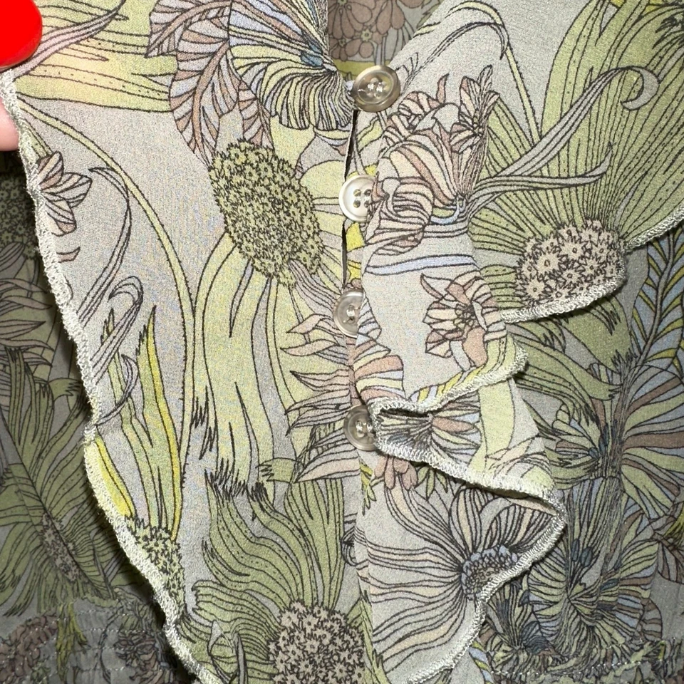 Top Anthropologie Odille Floral Viento Tirado Flores Silvestres Seda Verde Volantes Talla 6 Foto 4 de 4