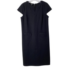 Talbots Ponte Knit Black Dress Pockets Sz 8 Split Neck Sheath Girl Boss Luxury