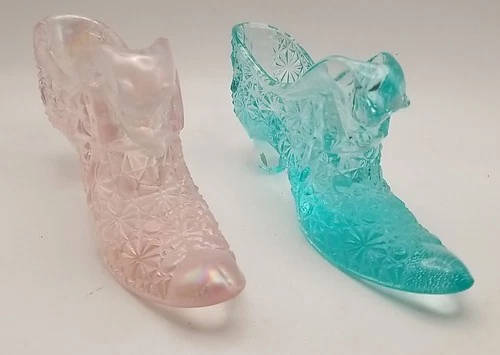 2 Fenton Cat Head Victorian Shoes Aqua & Pink Opalescent