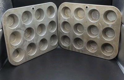 Antique Vintage Mirro 12 Hole Aluminum Cupcake Muffin Baking Pan Tray Lot Of 2