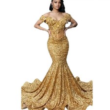 Sparkly Gold Sequin Evening Dress Mermaid Floral Off Shoulder Glitter Prom Gown