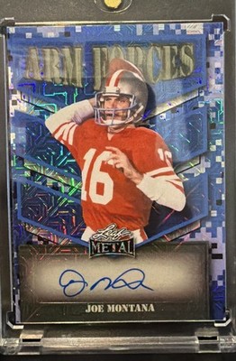 2025 Leaf Metal Arm Forces Joe Montana #AF-JM1 Blue Pulsar 4/4 (AU) 49ers HOF LP
