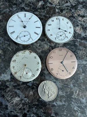 4 Elgin Pocket Watch Movements, Not Running,15J 17J &21J