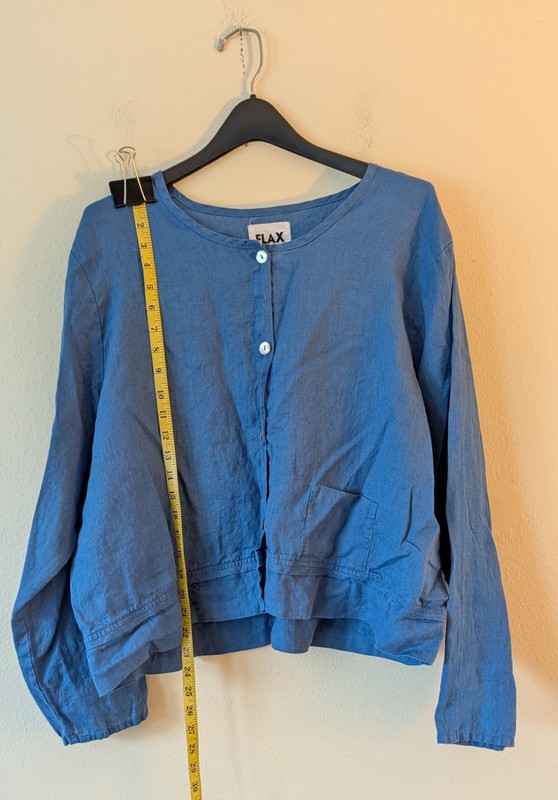 Women's Flax Long Sleeve Linen Top MOP Button Up No Collar Size L Blue Cute