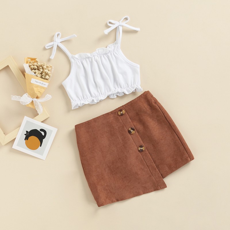 2Pcs Toddler Baby Girls Strapless Bandeau Top Buttoned skirt