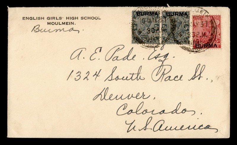 DR WHO 1937 INDIA BURMA OVPT MOULMEIN TO USA R71043