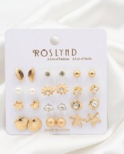 12 Pairs Gold Tone Stud Earrings Set Mixed Styles Pearl Crystal Fashion Jewelry