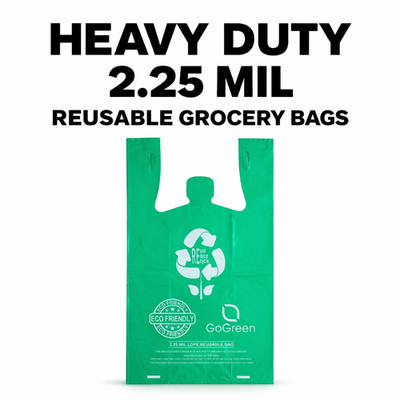 Reusable Grocery Bags 2.25 Mil Heavy Duty Green T-Shirt Bags 1/6 Size Bulk