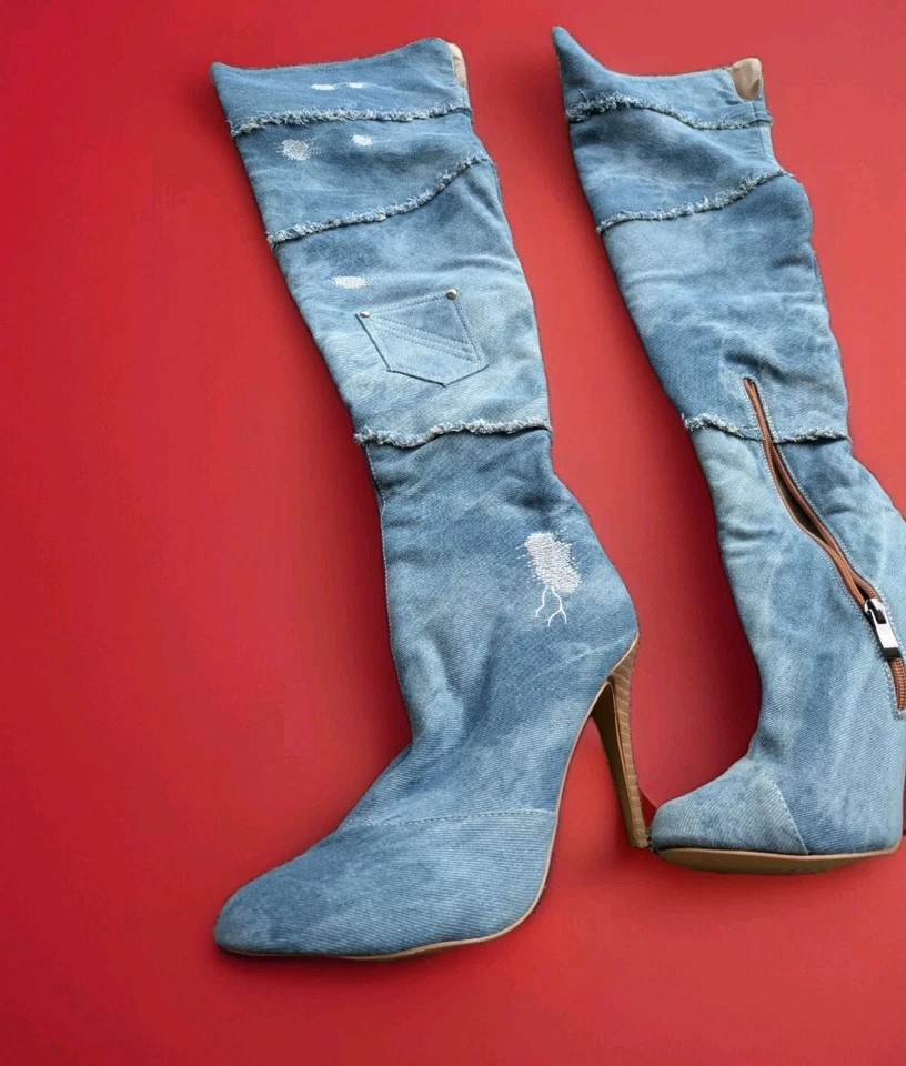Mujeres Botas Sobre la Rodilla Denim Plataforma Tacones Altos Tacones Altos Punta Punta Zapatos Nuevos Foto 2 de 4