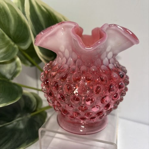 Fenton Vintage Cranberry Opalescent Glass Hobnail Ruffled Laced Edge Vase Gift