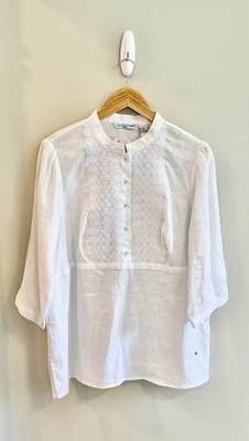 Saint Tropez West Women s 100% Linen White Tunic Top Embroidery Coastal Resort