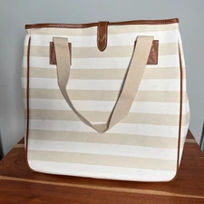 Womens Striped Summer Canvas Beach Tote Bag by Ultima II 14x14x6 Beige/White