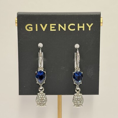 Givenchy Silver Tone Blue Crystal Pave Earrings 1.5” Drop