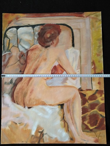 Jolie Peinture De Femme Nue À La Chambre. Gouache Sur Papier Année 50 /84cm×55cm - Imagen 8 de 8