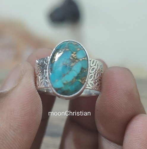 Kupfer Türkis 925 Sterling Silber Band & Statement Handarbeit Ring alle Größen-M-29 - Bild 1 von 12