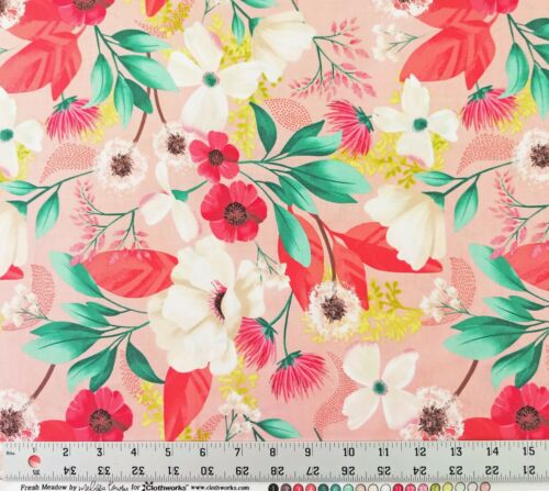 Coral Floral Fresh Meadow Cotton Fabric Melissa Lowry Clothworks Spring Easter - Picture 2 of 2