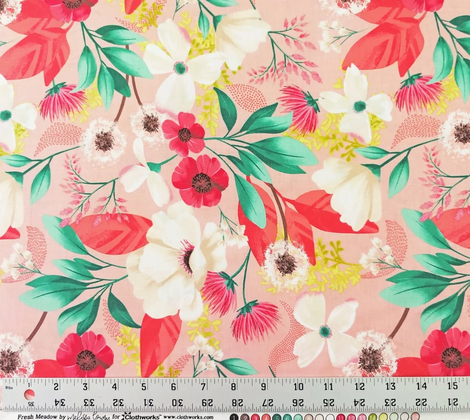 Tela de algodón coral floral prado fresco Melissa Lowry Clothworks primavera Pascua Foto 2 de 2