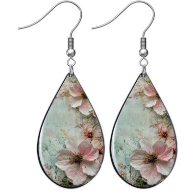 Shabby Chic Boho Pastel Pink Flowers Earrings Teardrop Dangle Drop Style