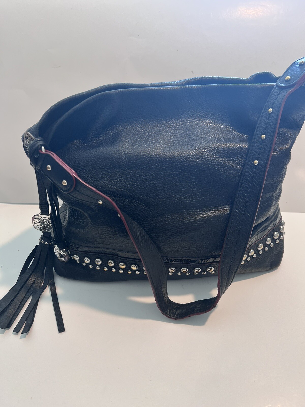 Brighton Black Tassel, Pebbled Leather, Silver studded, Shoulder Bag,  preowned | eBay