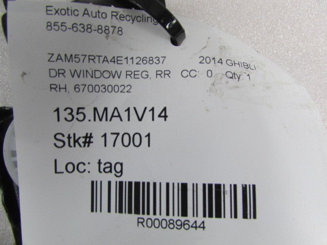 Maserati Ghibli, RH, Right Rear Door Window Regulator, Used, P/N 670030022