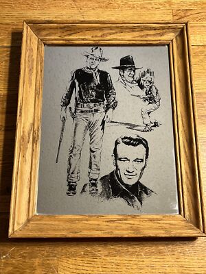 Vintage John Wayne The Duke Stamford Art Glass Mirror Framed