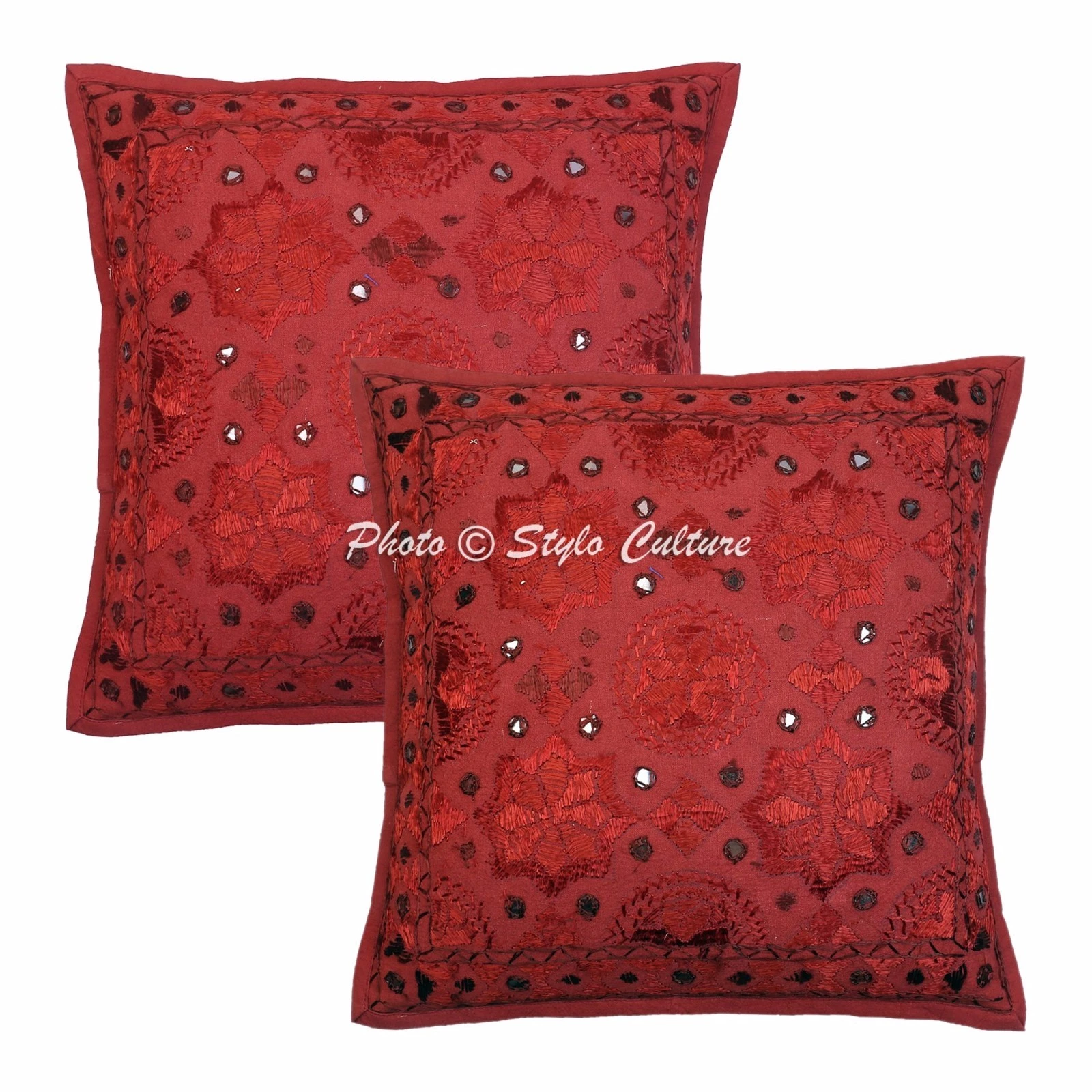 Ethnic Sofa Cushion Cover Mirror Embroidered Kantha Pillowcase Cover Throw