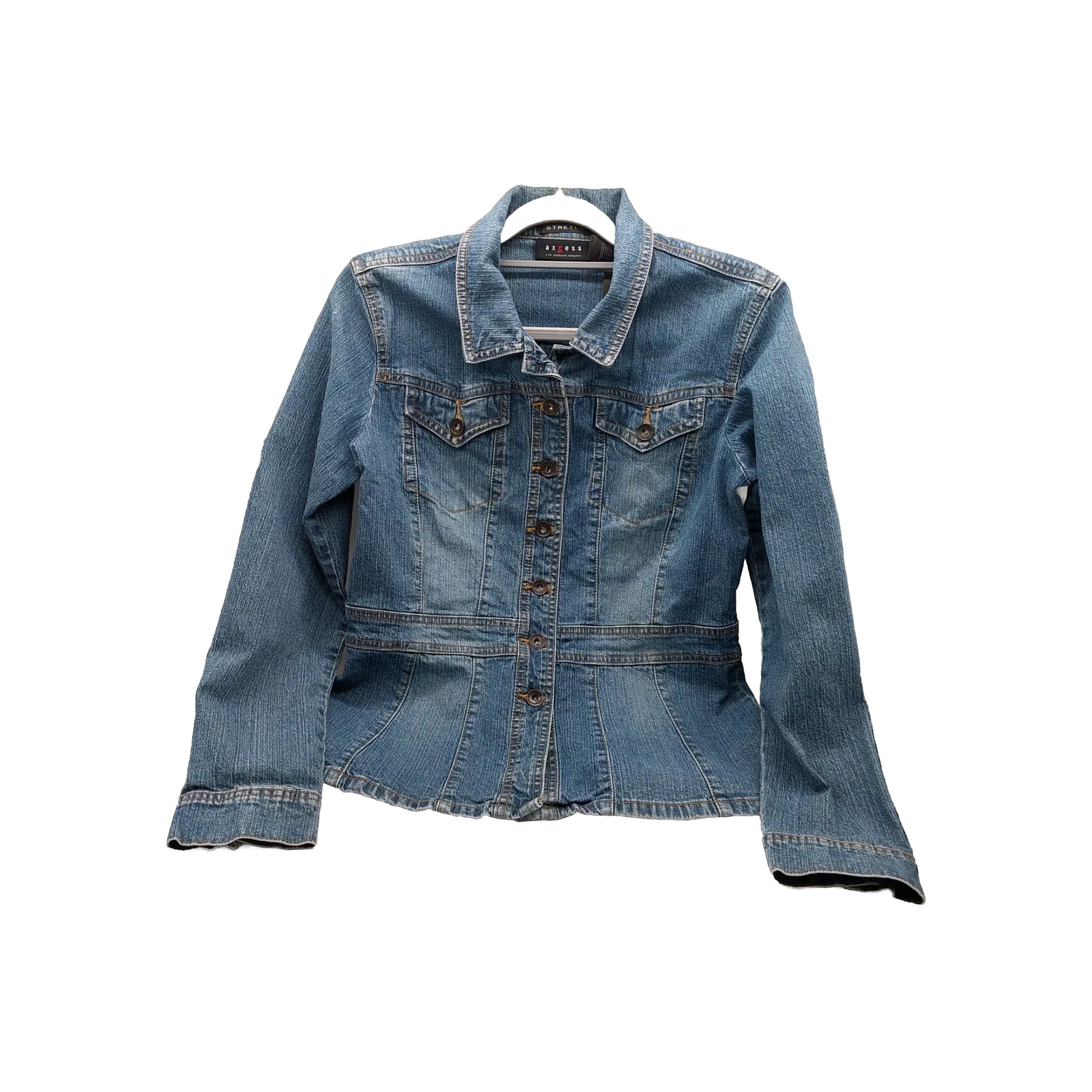 Axcess Woman's Stretch Blue Denim Jacket Size Large Has Patches On Back Read