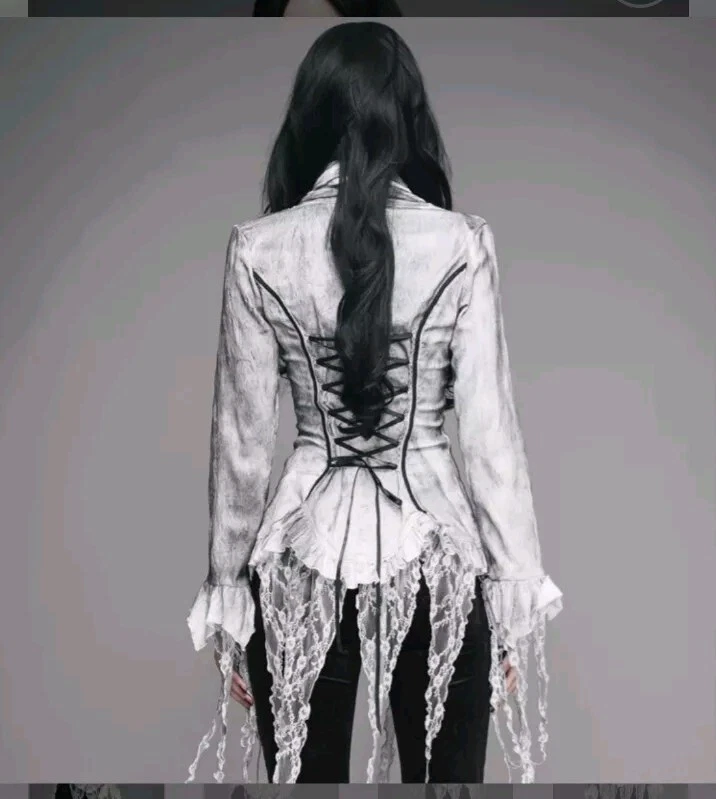 NWT Eva Lady Hades Footwear Goth White Jacquard Corset Back Vampire Shirt! XS - Image 3 of 4