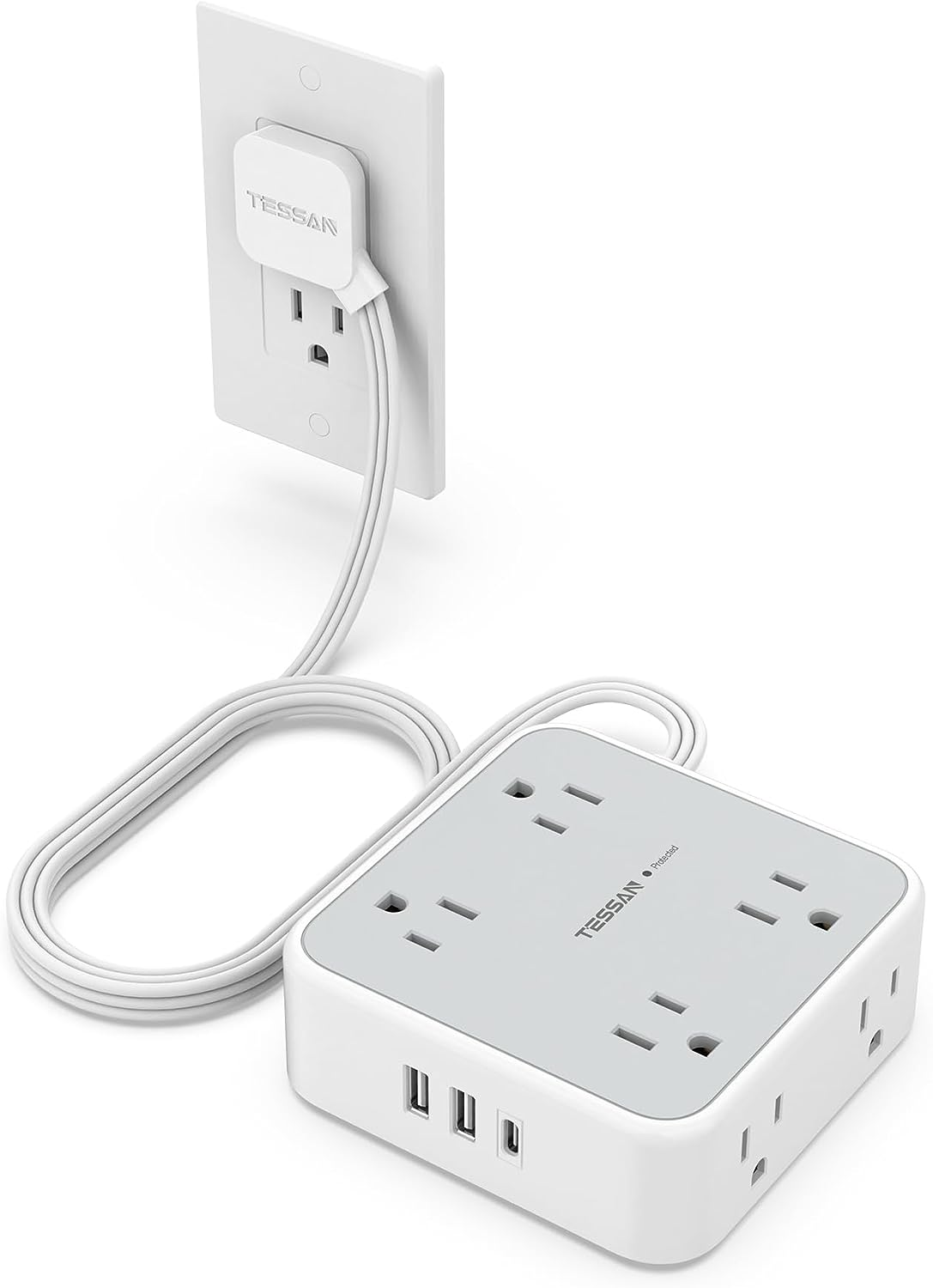 Surge Protector Flat Extension Cord Flat Plug Power Strip, 8 AC Outlets, 3 USB C